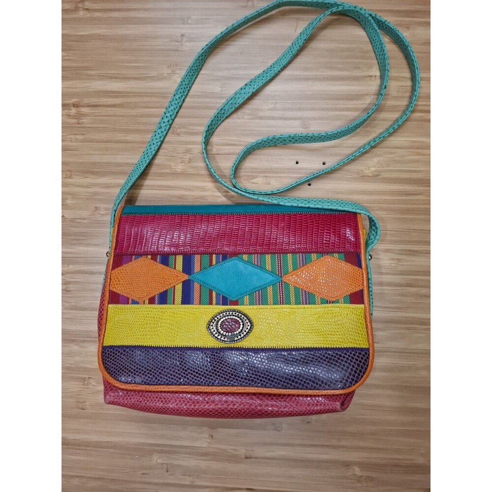 VTG 80s Sharif Patchwork Leather Crossbody Bag Multicolor Reptile Geometric USA